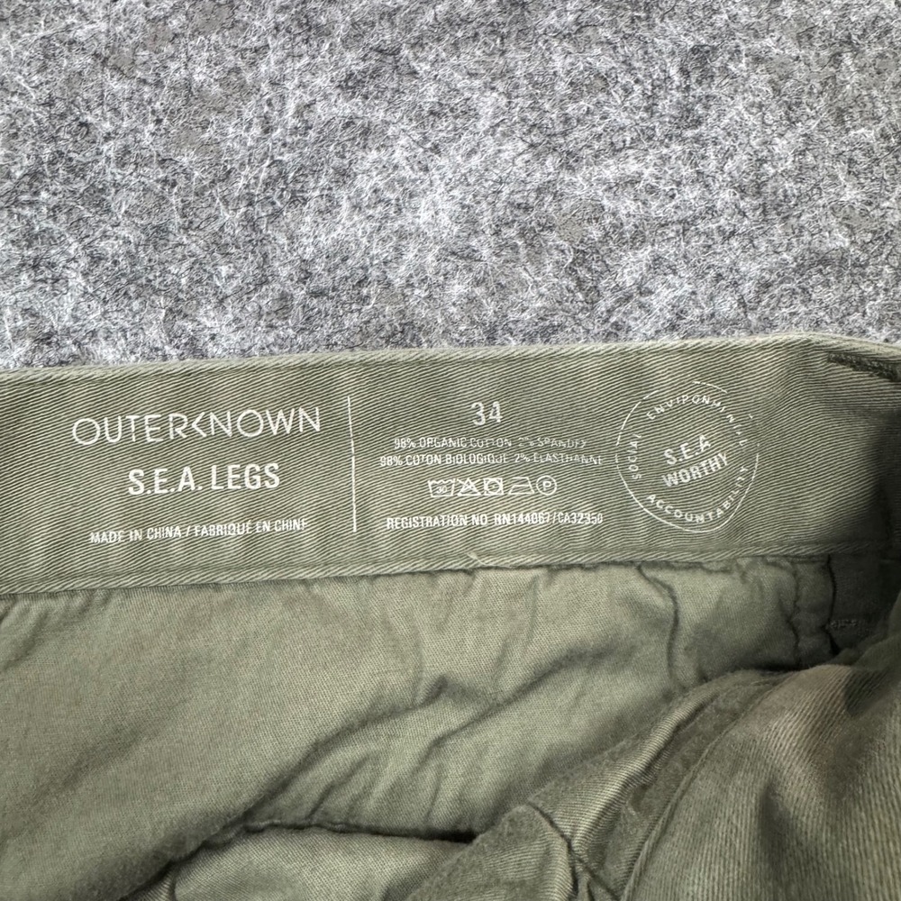 Outerknown SEA Legs Pants Mens 34 Olive Green Organic Cotton Slim Fit Chino - Picture 3 of 8